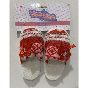 Vee Vee girl size M 12/13 slip on red slippers geometric heart print and bow